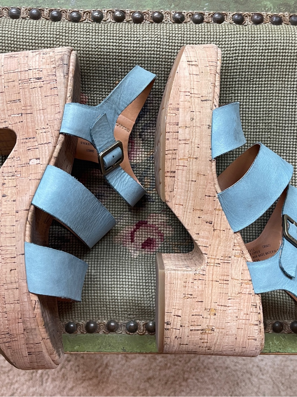 Kork-Ease Light Blue Cork Platform Sandals with Adjustable Buckle
